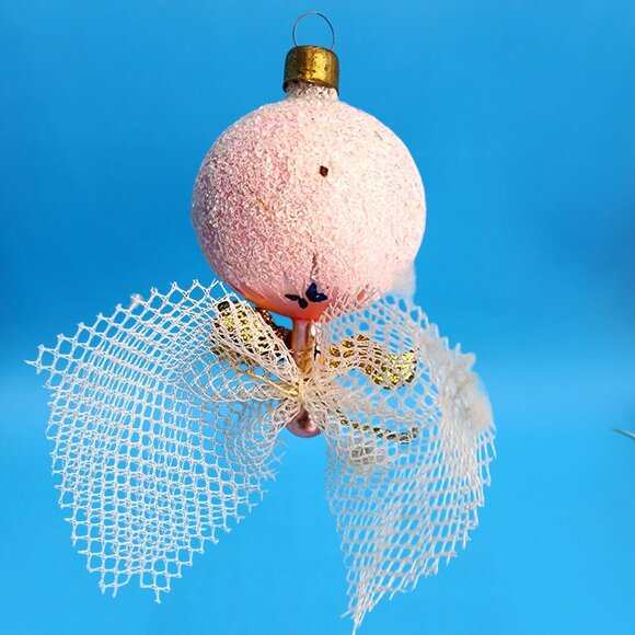 Vintage Pink Glass Angel Ornament • 1960s Japan • White Frosted Hair • Sleepy Ey - Picture 9 of 9